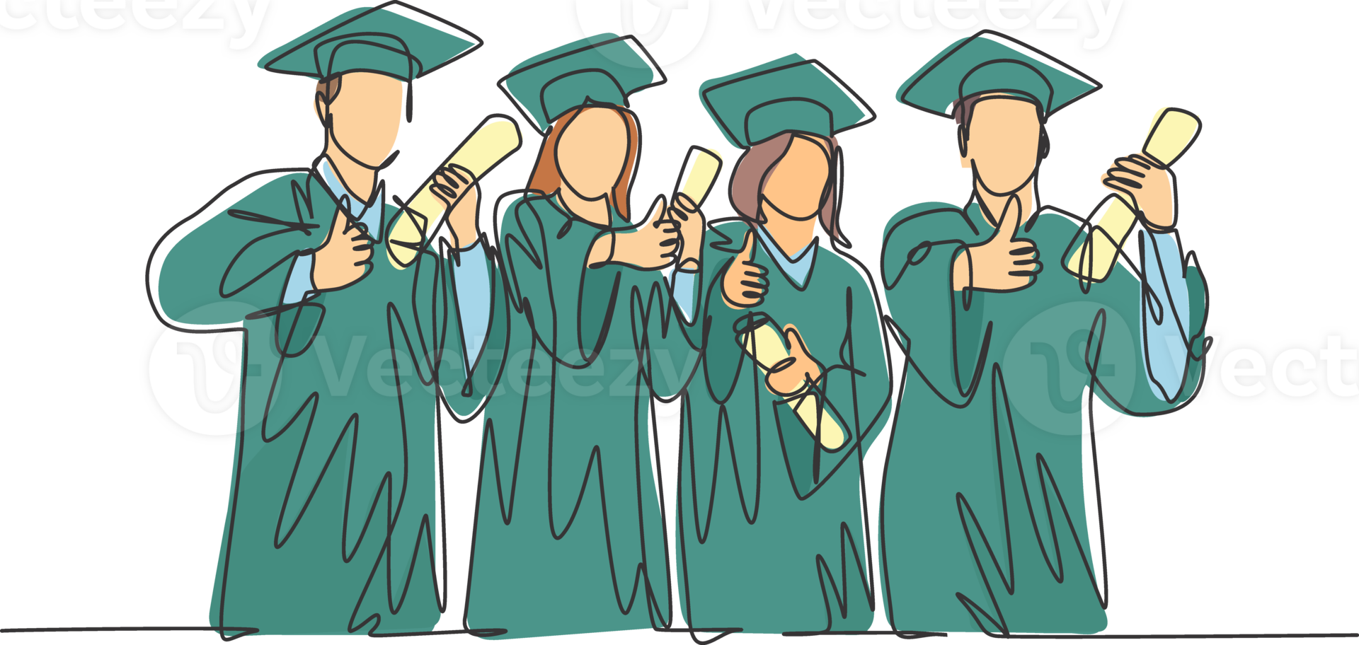 un ligne dessin groupe de diplômé Masculin et femelle Université étudiant portant robe uniforme et tenir diplôme certificat papier. éducation concept continu ligne dessiner conception graphique illustration png