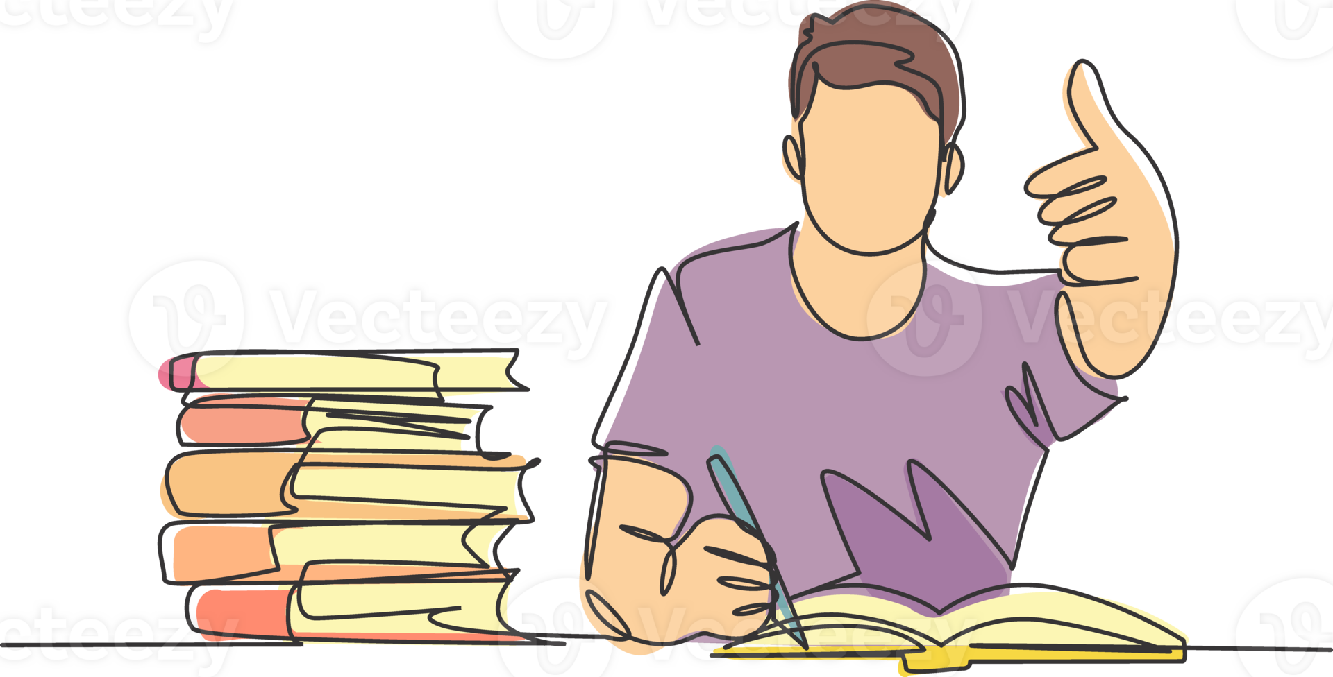 One line drawing of young happy male college student studying and reading stack of books in library while gives thumbs up gesture. Education continuous line draw graphic design vector illustration png