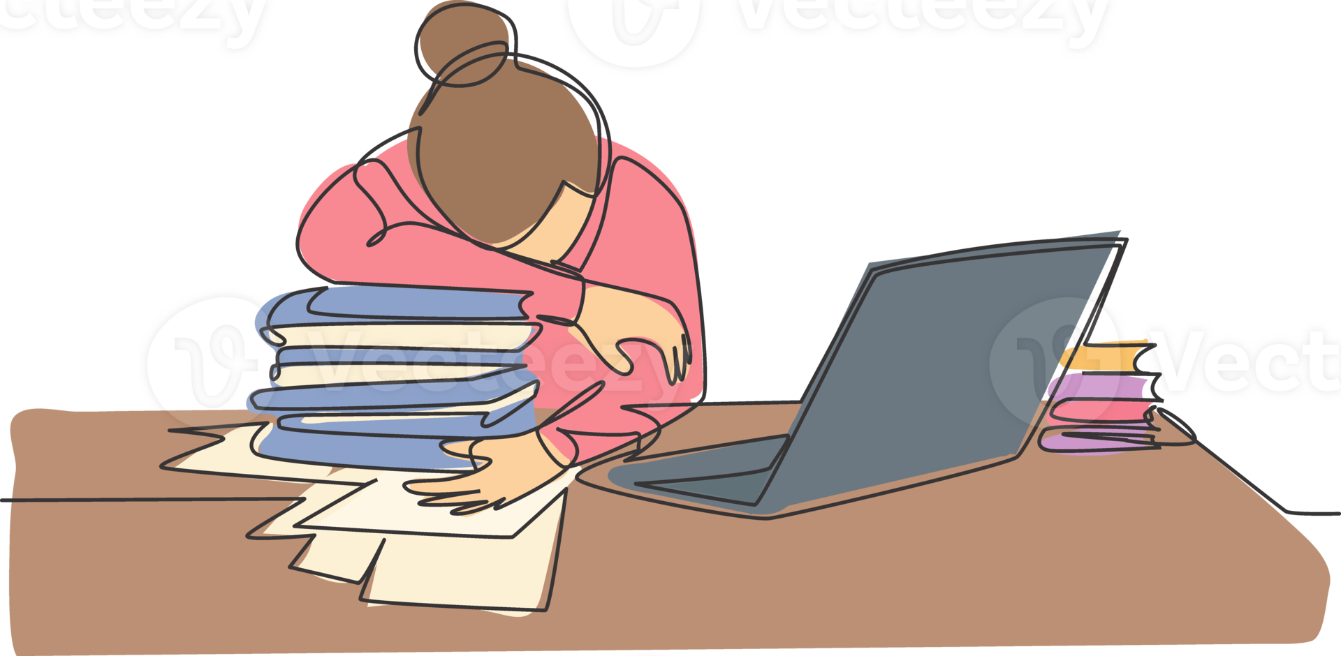 Single continuous line drawing of young tired female employee sleeping on the work desk with laptop and pile of papers. Work fatigue at the office concept one line draw design illustration png