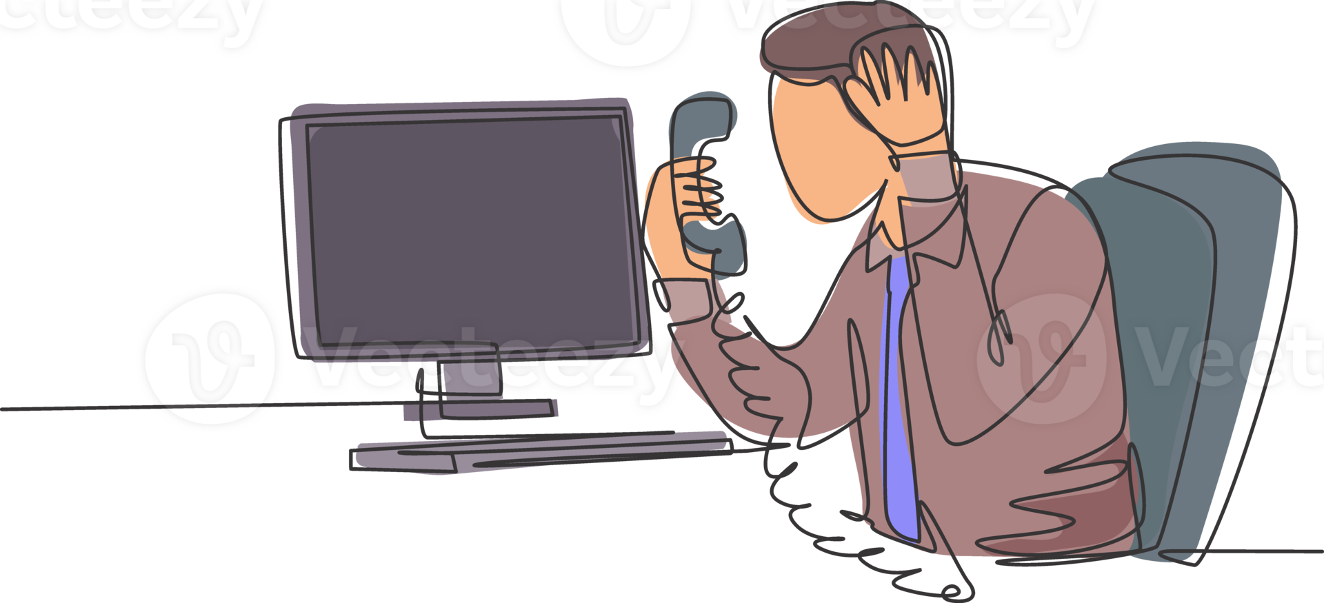 Single continuous line drawing of young angry worker mad at phone call beside pile of papers on his desk. Anger management at the office concept one line draw graphic design illustration png
