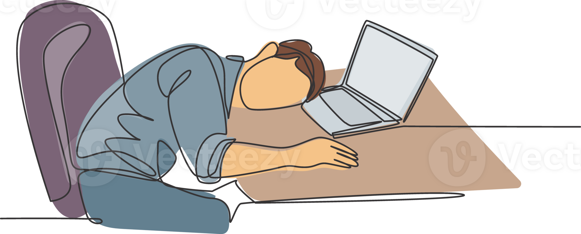Single continuous line drawing of young sleepy male worker fall asleep on laptop while he was working on his desk. Work fatigue at the office concept one line draw design graphic illustration png