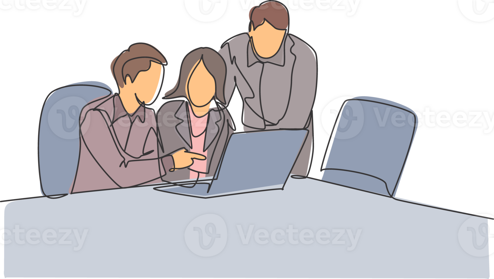 Single continuous line drawing of young business man and business woman discussing project learning data graph on laptop screen. Business meeting one line draw design graphic illustration png