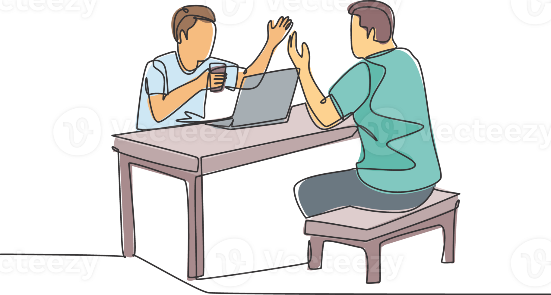 One continuous line drawing of young happy manager drink a cup of coffee and discussing business project. Working together on co working space concept single line draw design illustration png