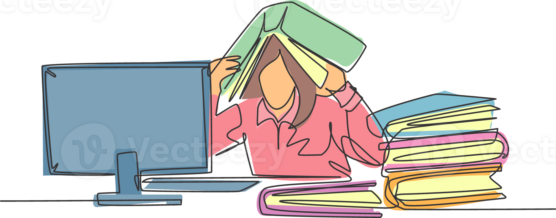 One single line drawing of young depression female employee sitting in front of computer and stack of papers and covered her head with folder. Worker concept continuous line draw design illustration png