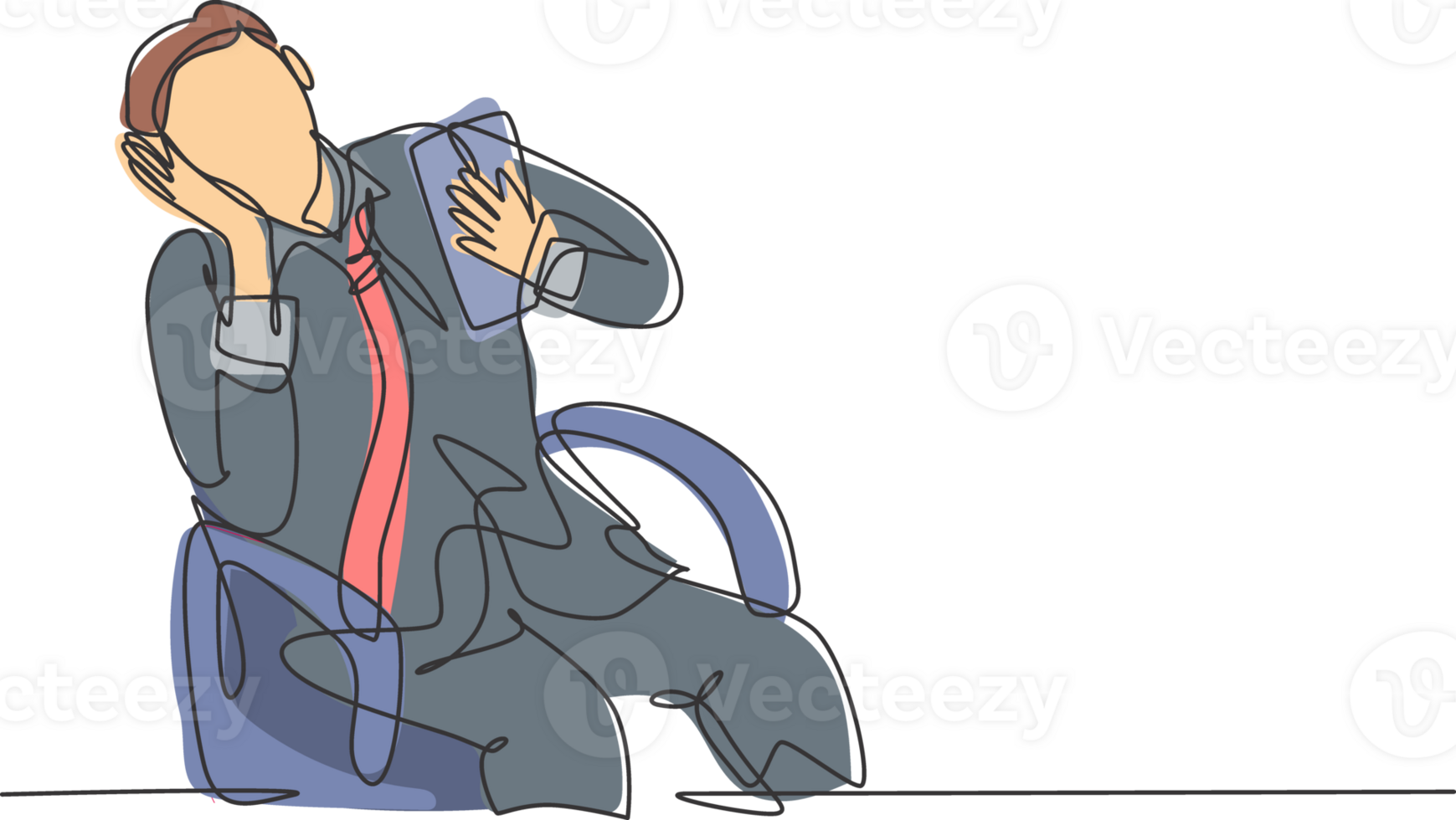 One single line drawing of young broken heart male worker crying on work chair while he was working. Business fatigue at the office concept continuous line draw design graphic illustration png