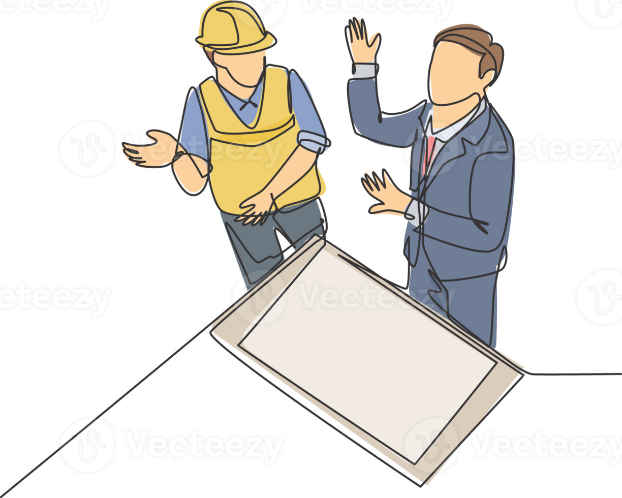 Single continuous line drawing of young architect and foreman discussing about blueprint building design. Construction planning talk concept. Modern one line draw design graphic illustration png