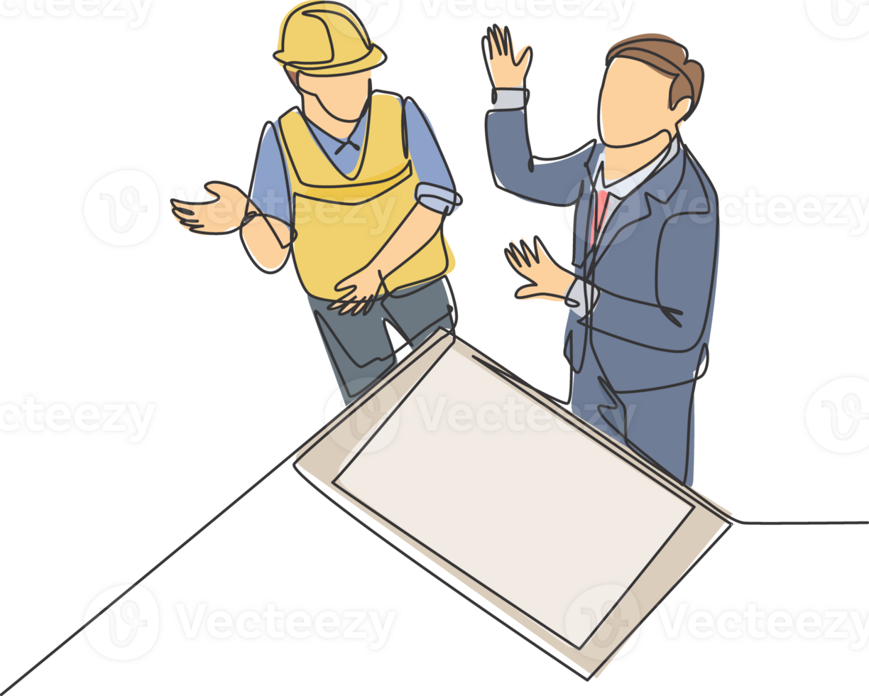 soltero continuo línea dibujo de joven arquitecto y capataz que se discute acerca de Plano edificio diseño. construcción planificación hablar concepto. moderno uno línea dibujar diseño gráfico ilustración png