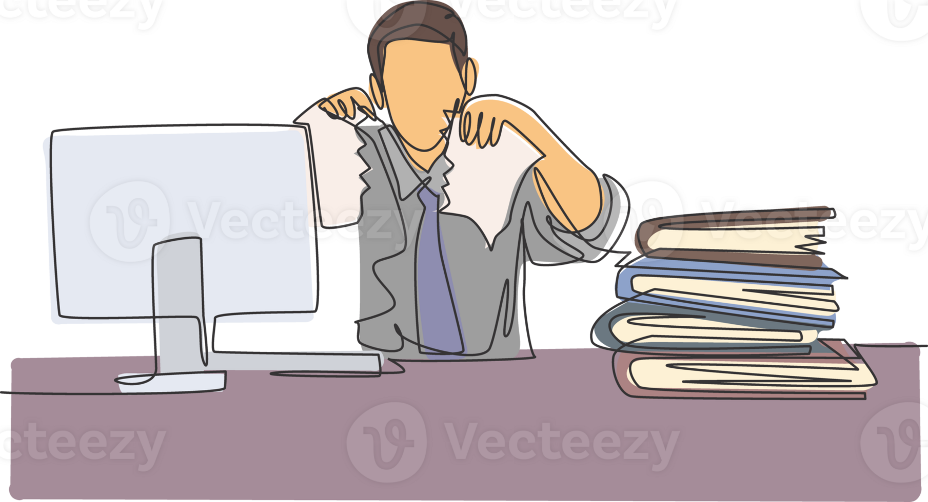 Single continuous line drawing of young mad stressful businessman tearing paper in his work desk at his office. Business project failure concept one line draw graphic design illustration png
