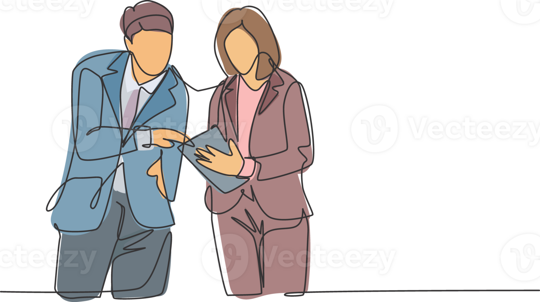 One continuous line drawing of young happy male and female marketing manager discussing sales progress on tablet phone. Online business report concept. Single line draw design illustration png
