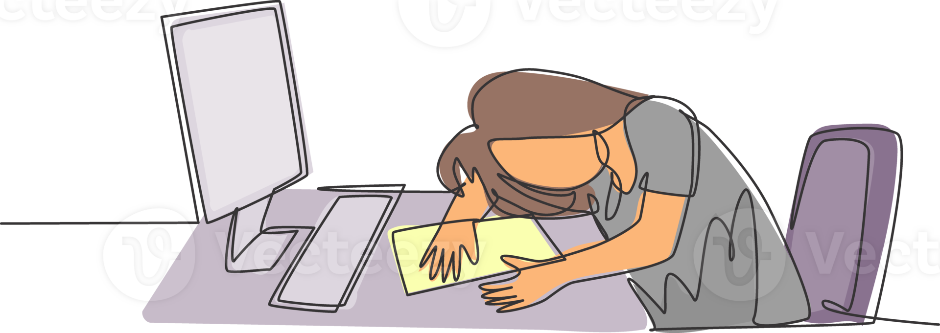Single continuous line drawing of young tired female employee sleeping on the work desk with computer. Work fatigue at the office concept. Trendy one line draw design graphic illustration png