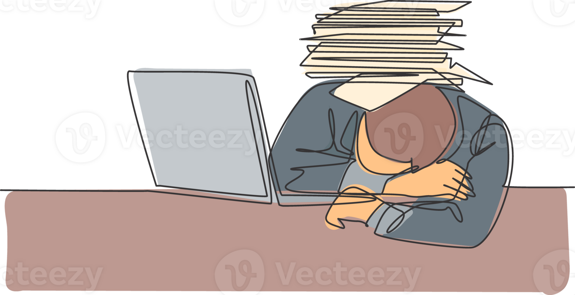 Single continuous line drawing of young despair employee got crushed by pile of papers on his desk. Work overload pressure at the office concept. One line draw graphic design illustration png