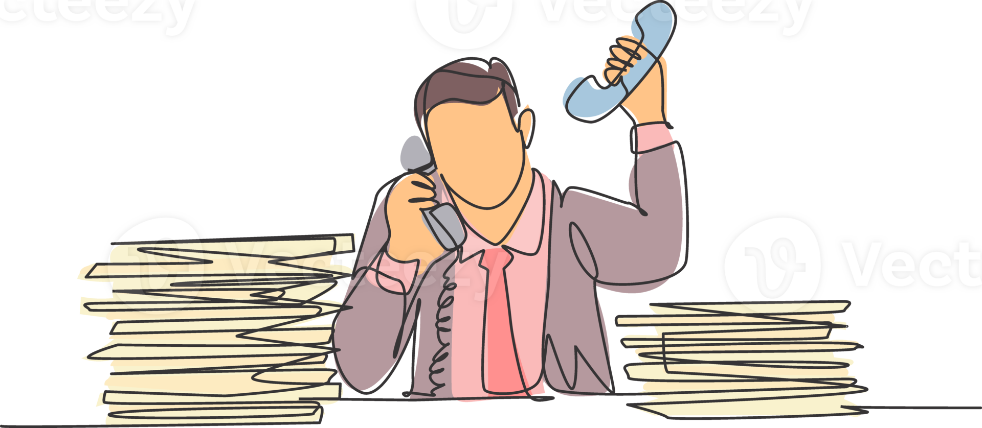 Single continuous line drawing of young dizzy male customer service worker receiving many call in front of stack of papers. Customer care service concept one line draw design illustration png