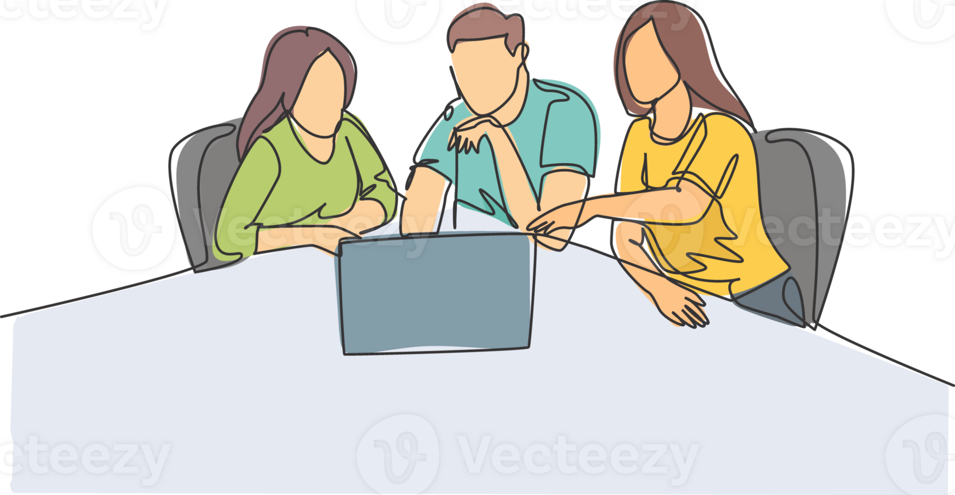 Single continuous line drawing of young business man and business woman discussing project learning data graph on laptop screen. Business meeting one line draw graphic design illustration png
