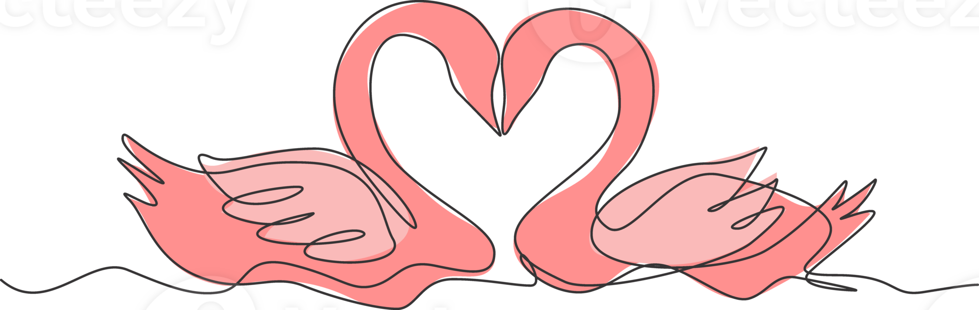 One continuous line drawing of cute swan couple swimming on the lake and their heads formed romantic heart shape. Romantic animal love concept single line graphic draw design illustration png