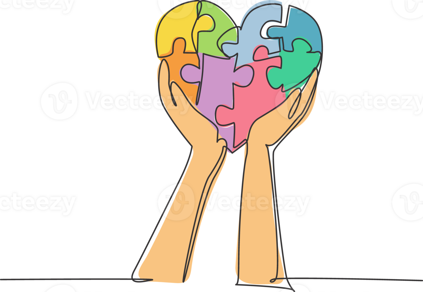 Single continuous line drawing of young happy man raised puzzle pieces up to the air together to form cute heart shape. Romantic game of love concept one line draw design graphic illustration png