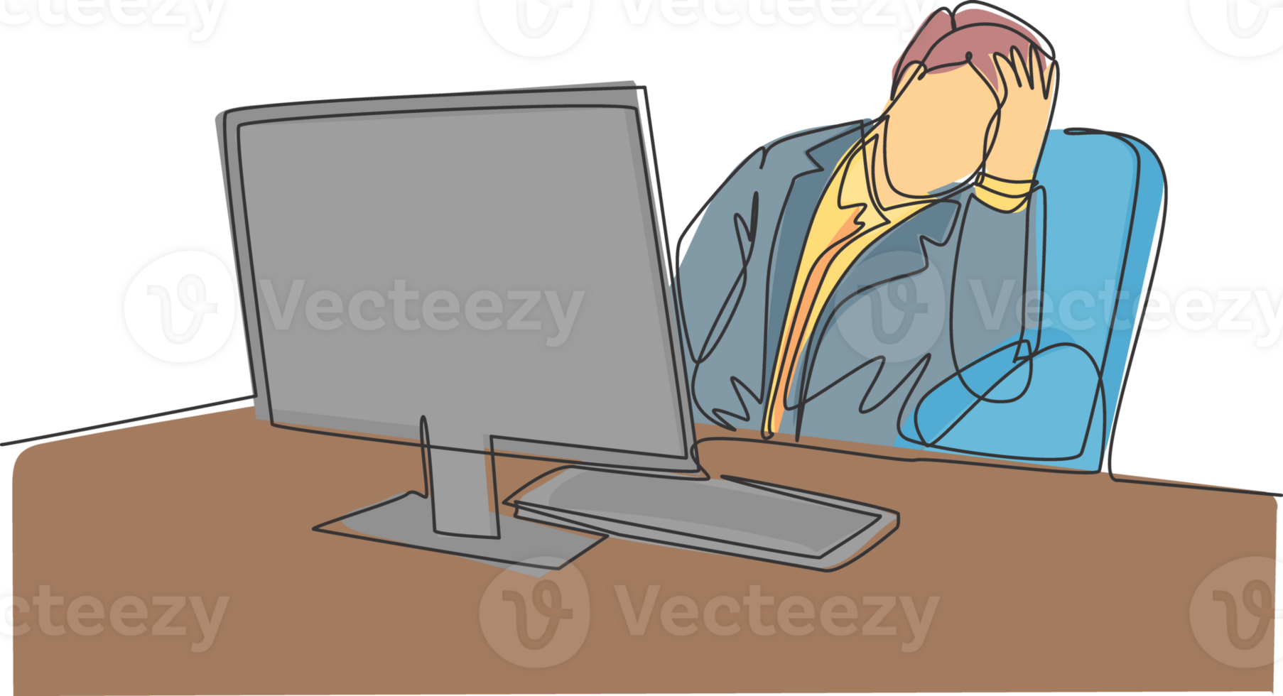 Single continuous line drawing of young sleepy businessman fall asleep on office chair with computer turn on at work desk. Work fatigue concept one line draw design illustration png
