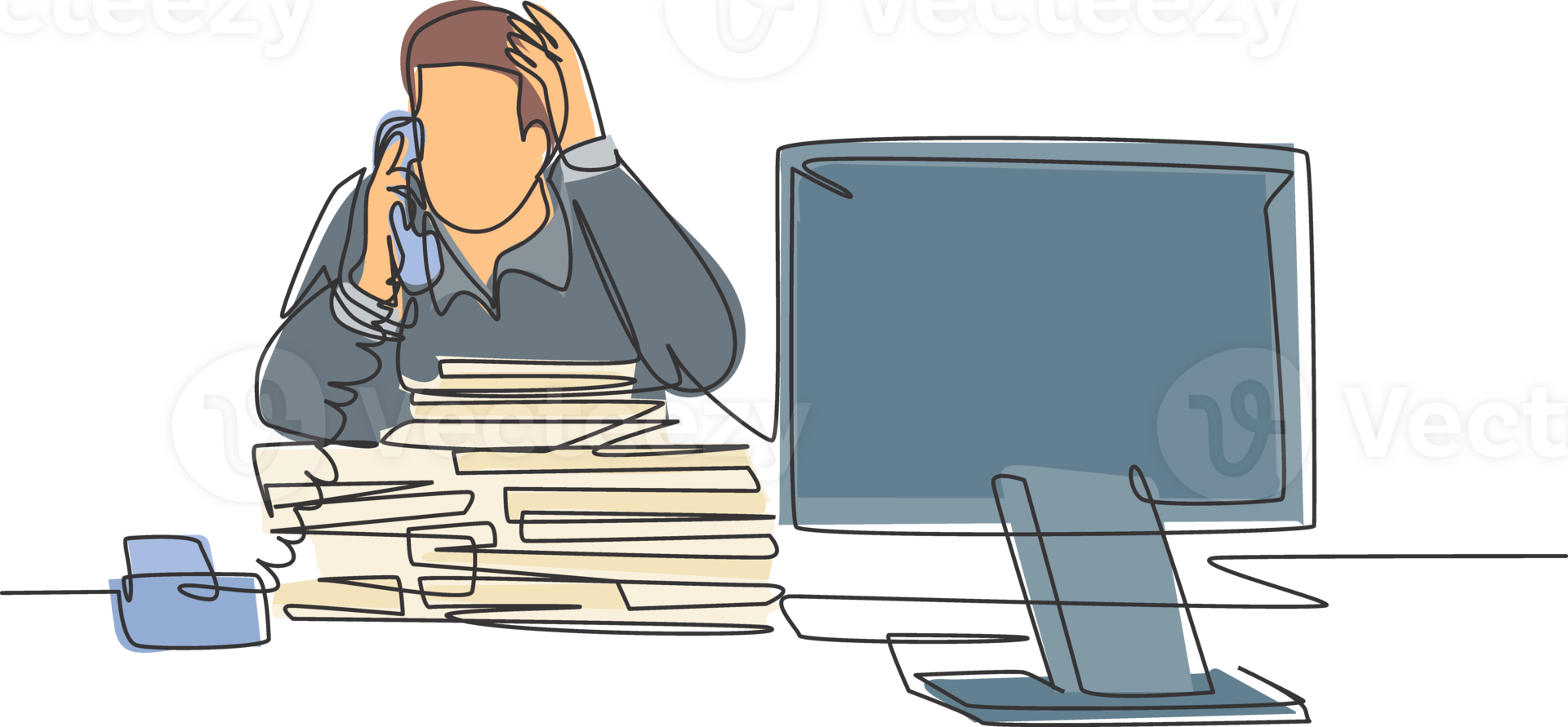 Single continuous line drawing of young bored male worker receiving phone call from customer behind stack of paper. Daily overload job at the office concept. One line draw design illustration png