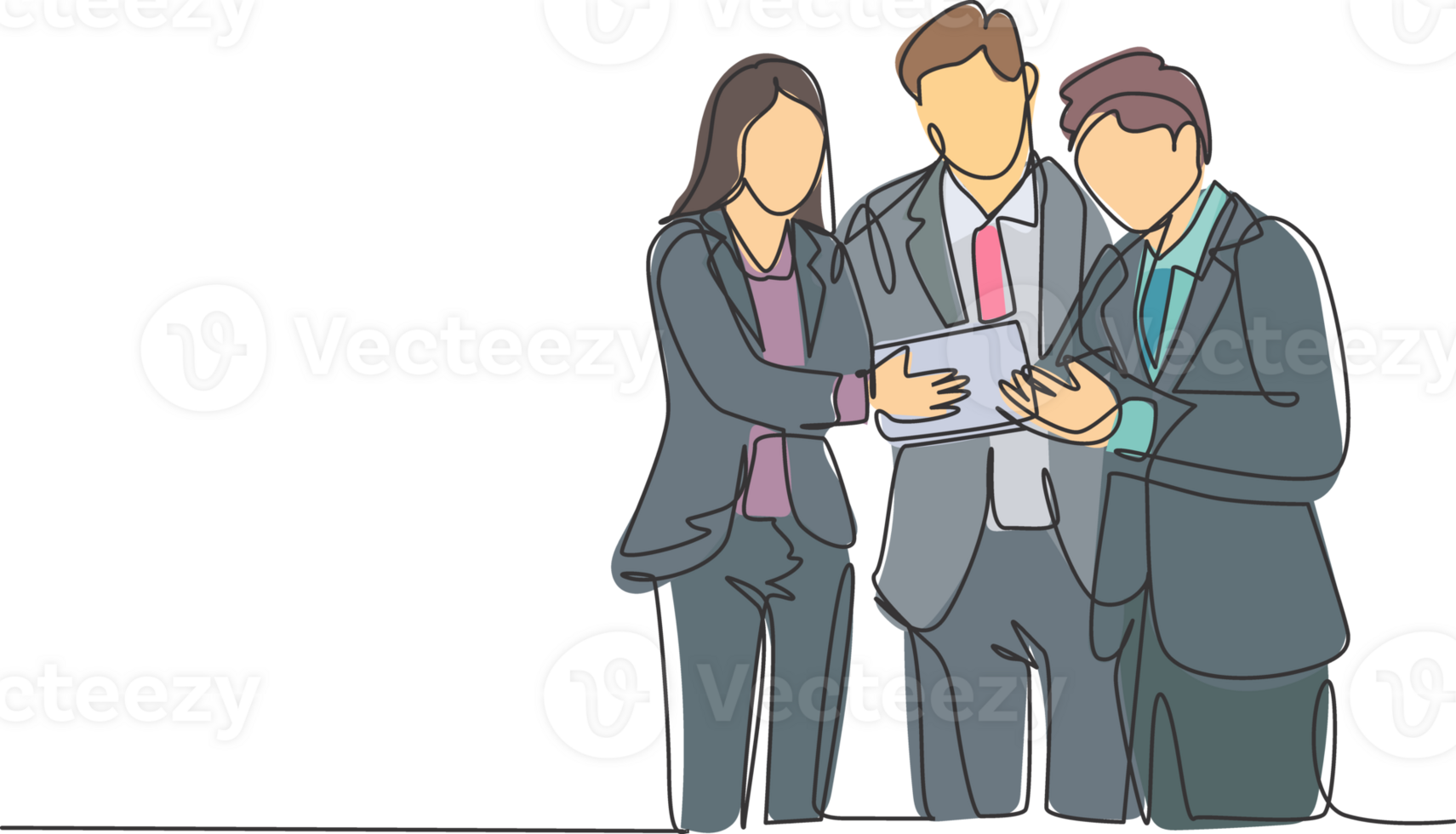 Single continuous line drawing of standing young male and female manager discussing company strategy to increase sales. Business marketing concept one line graphic draw design illustration png
