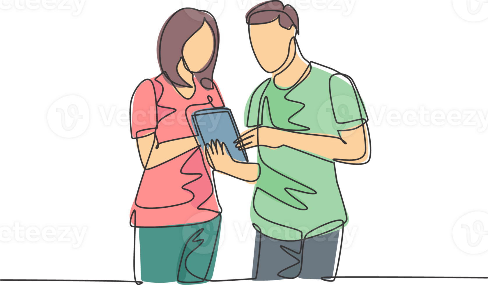 One continuous line drawing of young male and female employee talking about company target while staring tablet screen. Business goal discussion concept single line draw design illustration png