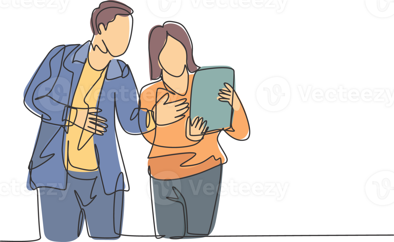 One continuous line drawing of young startup members check the work eachothers using laptop and tablet. Business process teamwork concept. Single line draw design illustration png