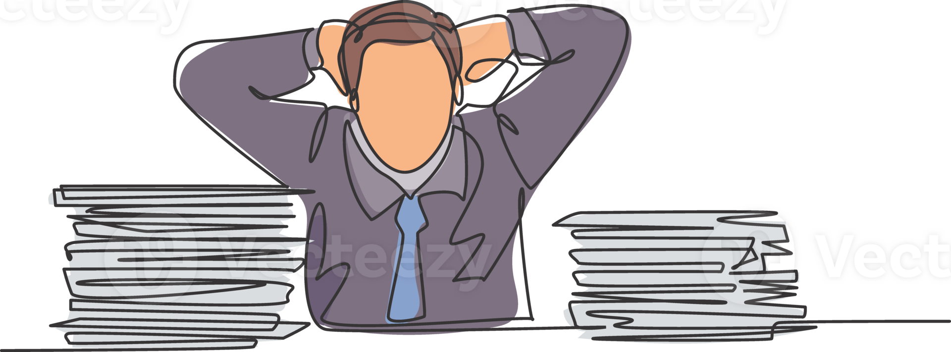 Single continuous line drawing of young frustrated businessman got headache facing pile of papers project on his desk. Overtime work at the office concept one line draw design illustration png