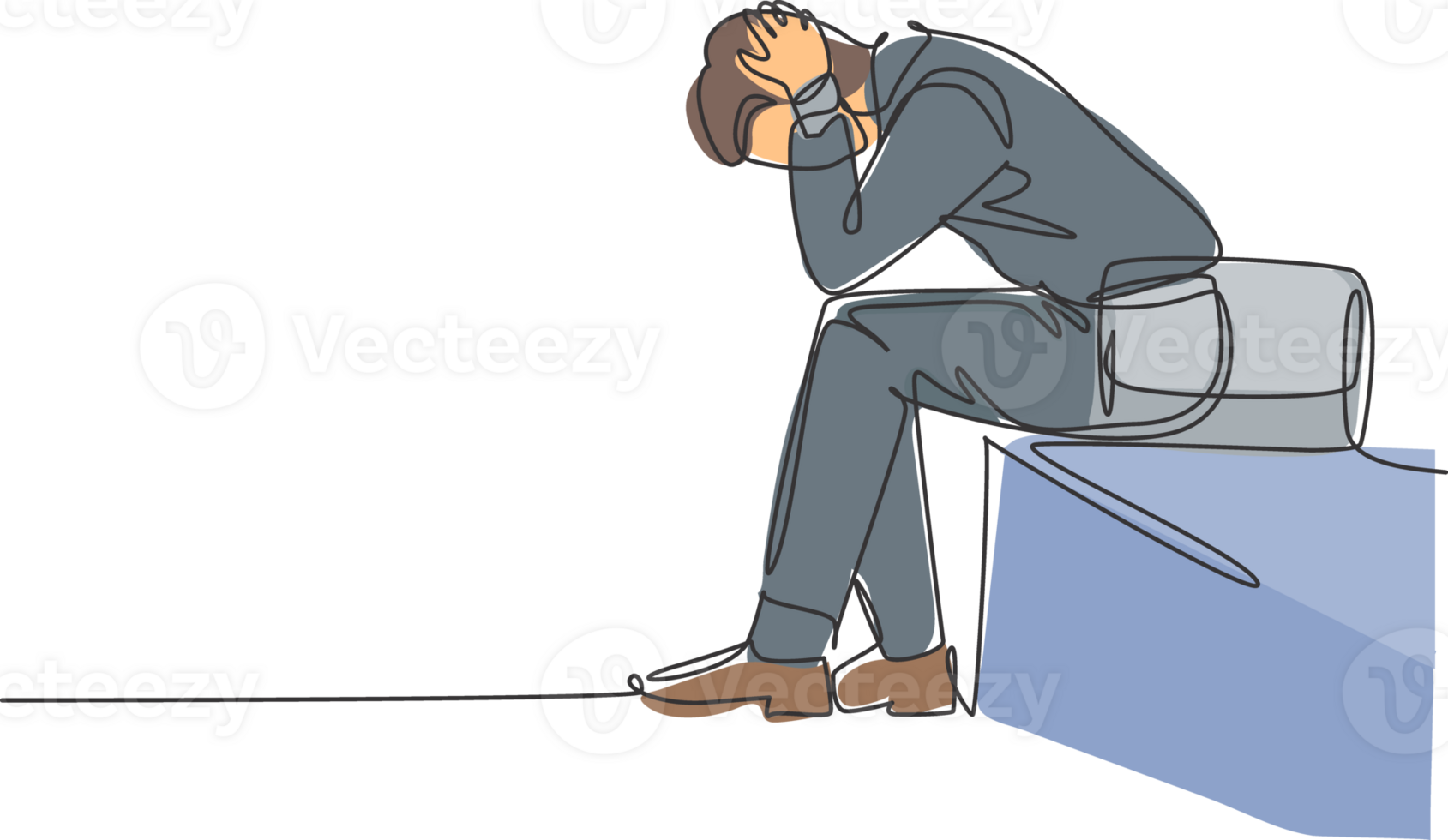 Single continuous line drawing of depression young worker sitting on chair and holding his head because of confused. Work pressure at the office concept one line draw design illustration png