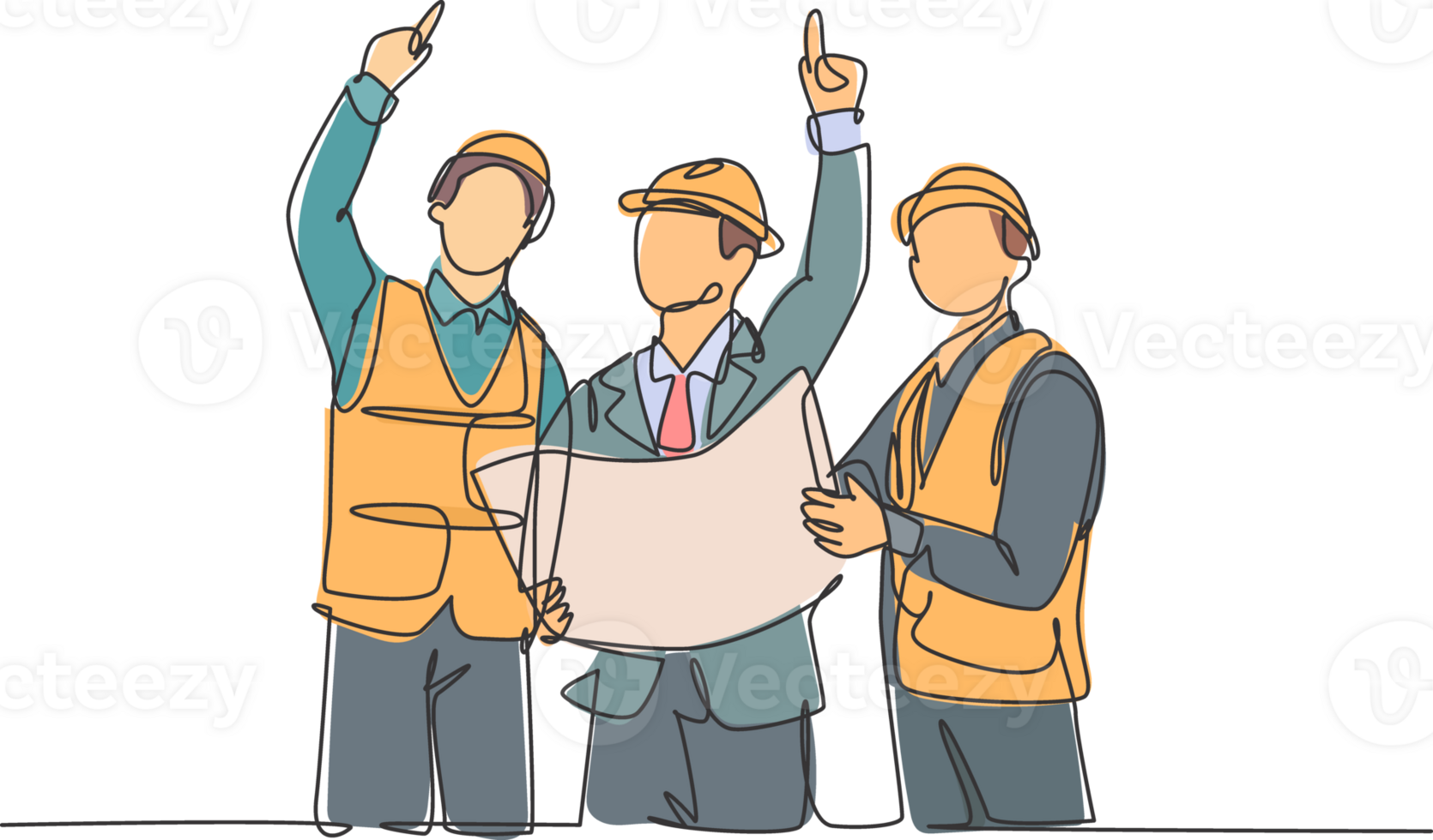 Single continuous line drawing of young architect holding blueprint and discussing building construction with foreman. Design architecture concept one line draw design graphic illustration png