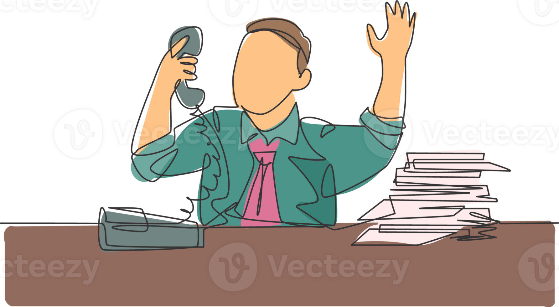 Single continuous line drawing of young bored male worker receiving phone call from customer behind stack of paper. Daily overload job at the office concept. One line draw design illustration png