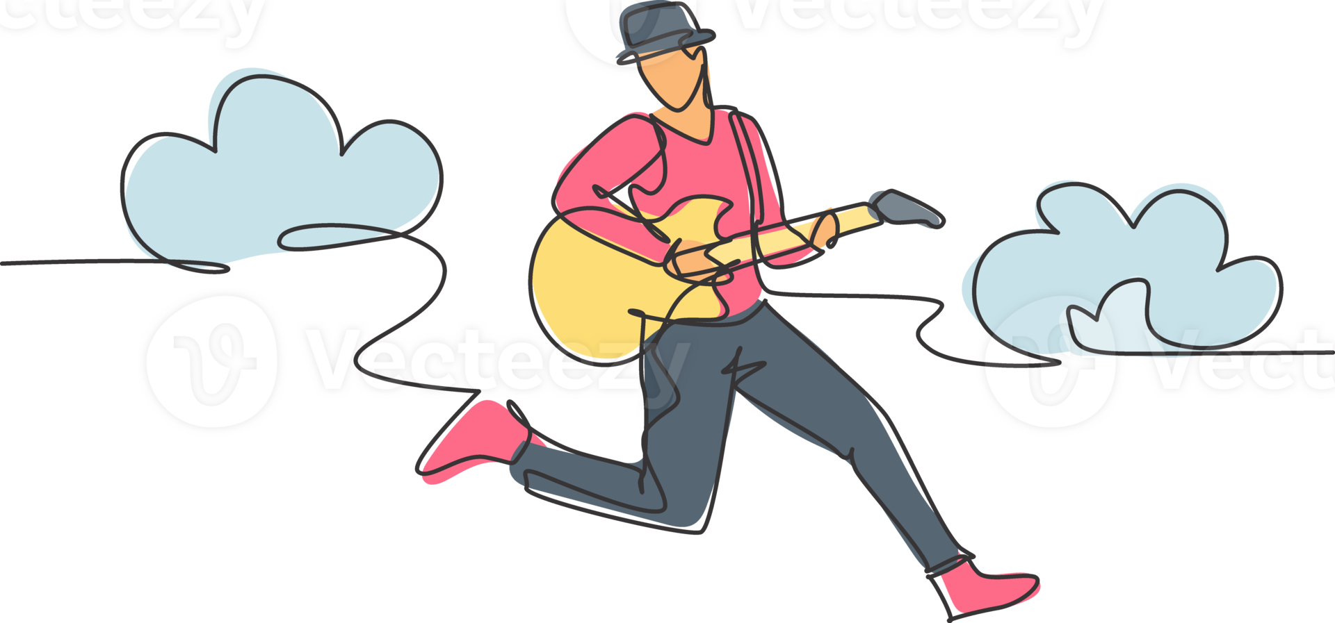 Single line drawing of young energetic guitarist jumping at stage and playing his electric guitar. Energetic musician artist performance concept. Continuous line draw design illustration png