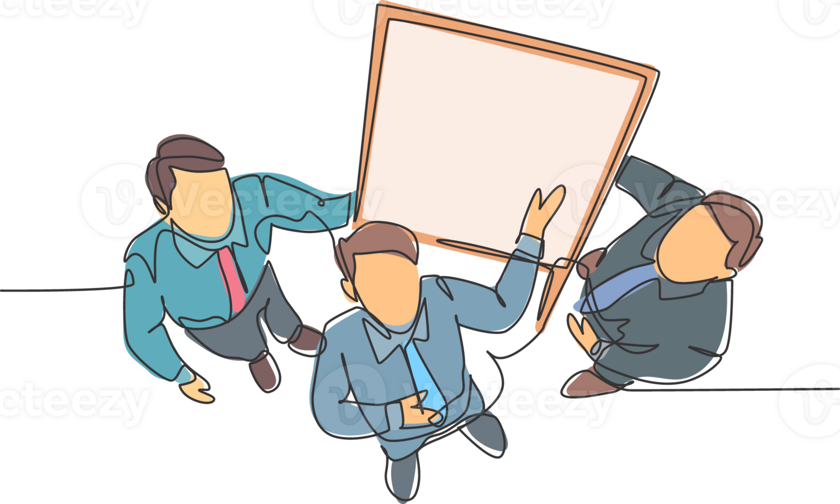 One continuous line drawing of young happy business men meeting using flip chart from top view. Business executive presentation teamwork concept. Single line draw design graphic illustration png