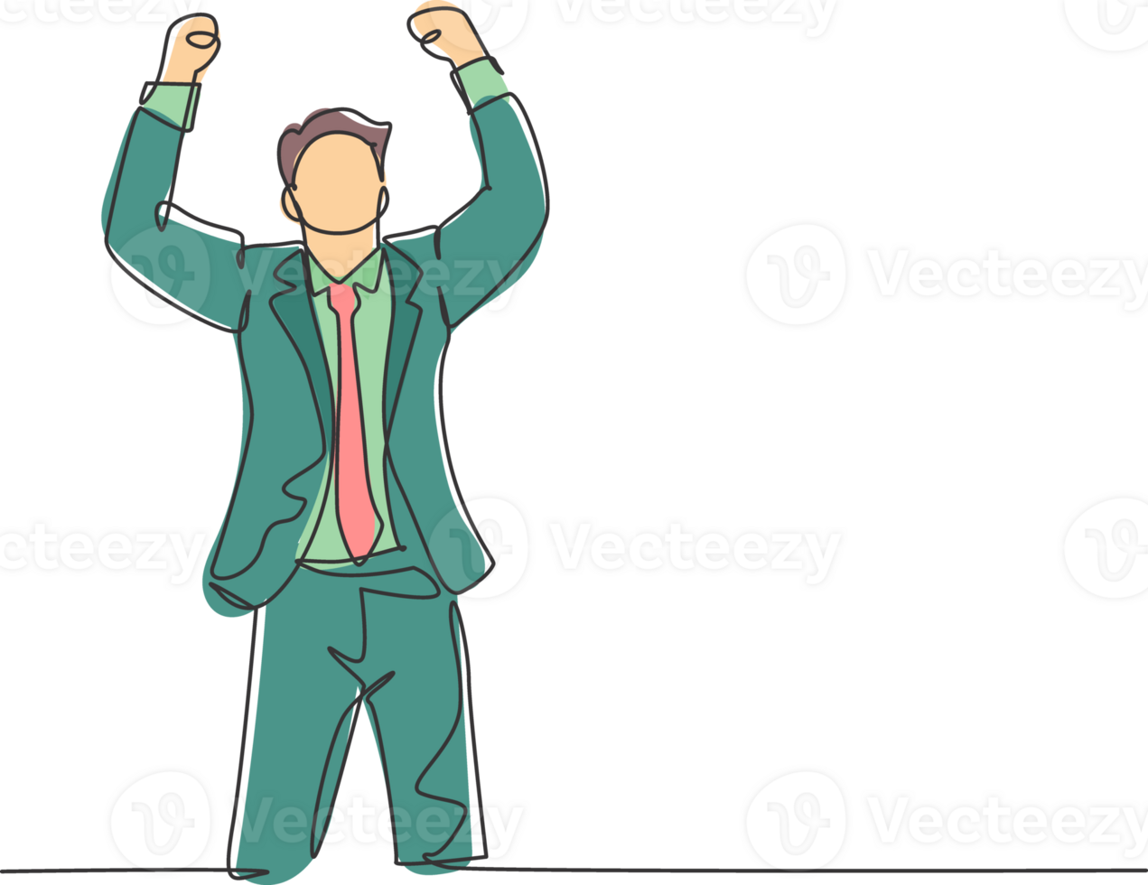 One single line drawing of young happy CEO standing and fist his hands to the air to celebrate new funding from investor. Business funding concept continuous line draw design illustration png