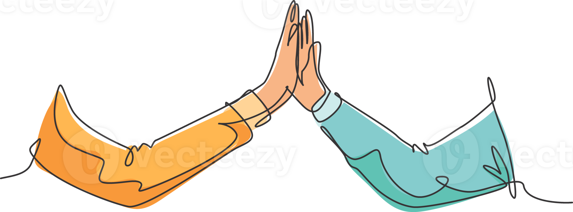 One line drawing of two men giving high fives gesture hands wearing office clothes to celebrate success. Business teamwork concept. Trendy continuous line draw graphic design illustration png