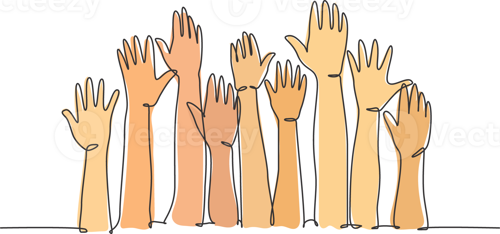 One single line drawing of group of people open up and raising their hands up into the air. Business team work concept. Modern continuous line draw design graphic illustration png