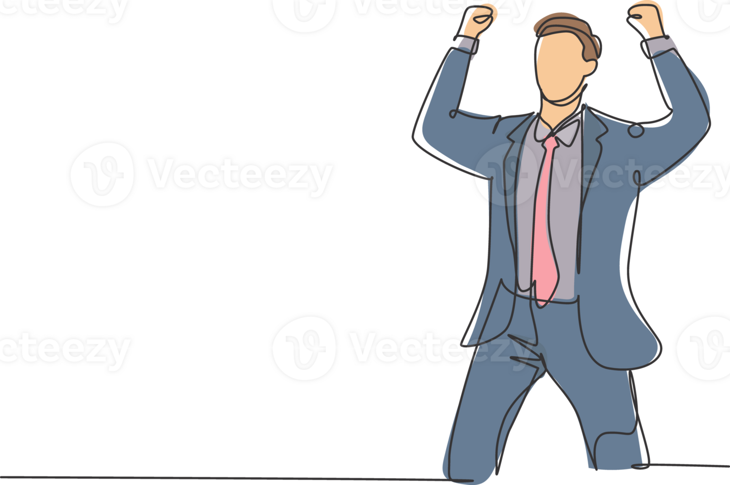 One single line drawing of young happy CEO standing and fist his hands to the air to celebrate new funding from investor. Business funding concept continuous line draw design illustration png