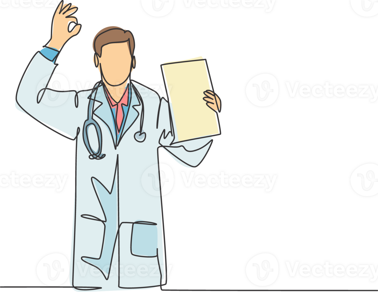 One single line drawing of young happy male doctor showing medical to do list task on clipboard and giving good hand gesture. Medical checkup concept continuous line draw design illustration png