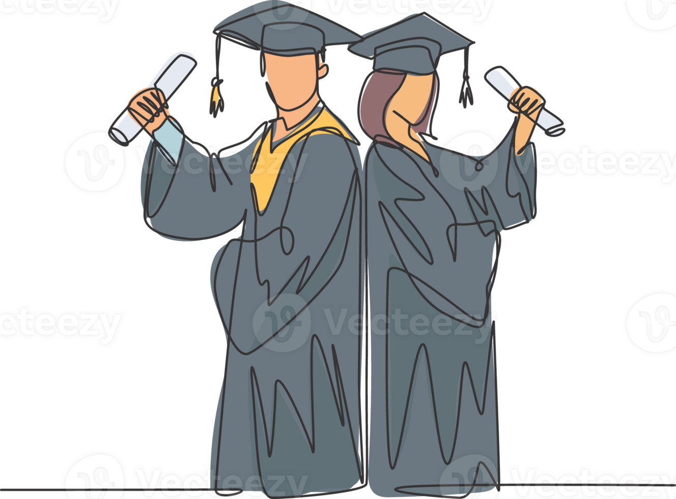 One continuous line drawing of young happy couple graduate college student hold paper and celebrate their graduation from university. Education concept. Single line draw design illustration png