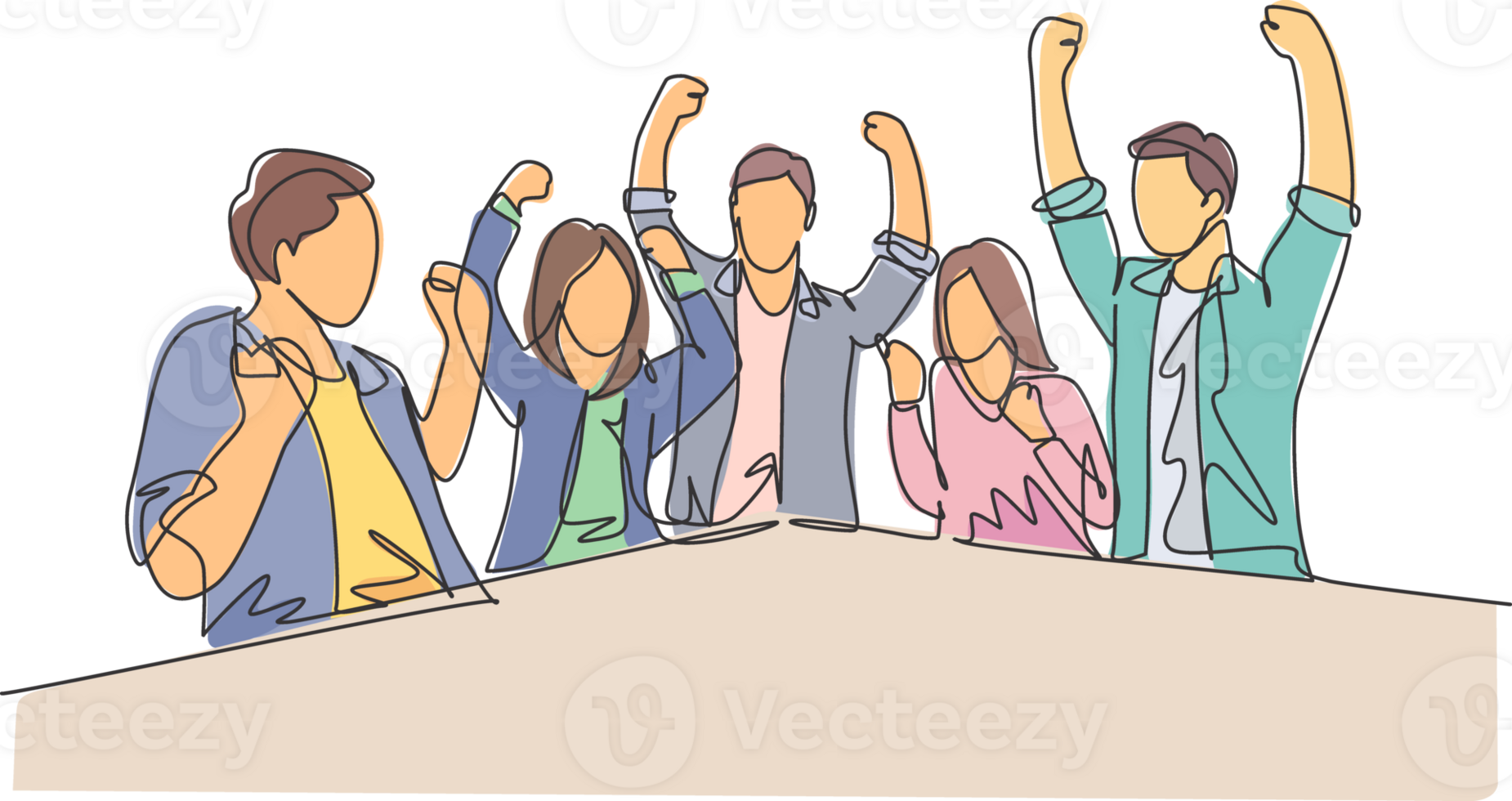 One single line drawing of young happy business man and business woman celebrating their success achieve the business target. Team work goal concept continuous line draw design illustration png