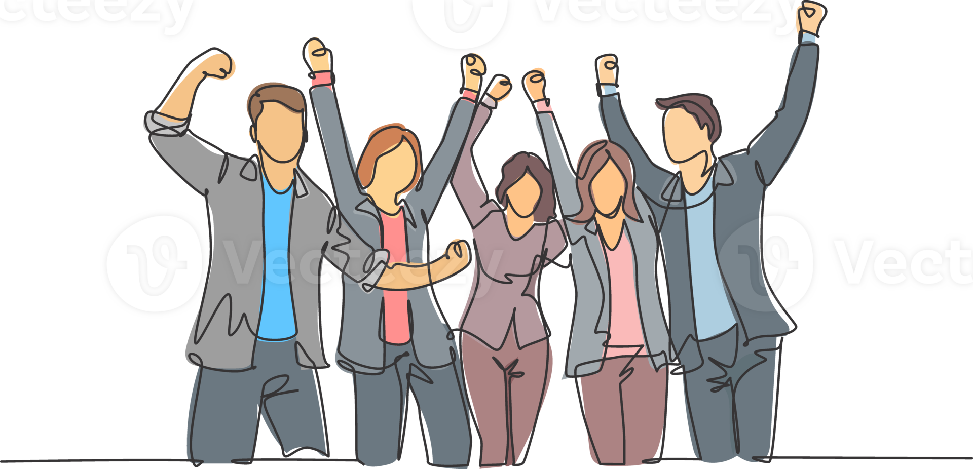 One single line drawing of group of young happy ceo and his colleagues celebrating their success achieving the company business target. Team work goal concept continuous line draw design illustration png