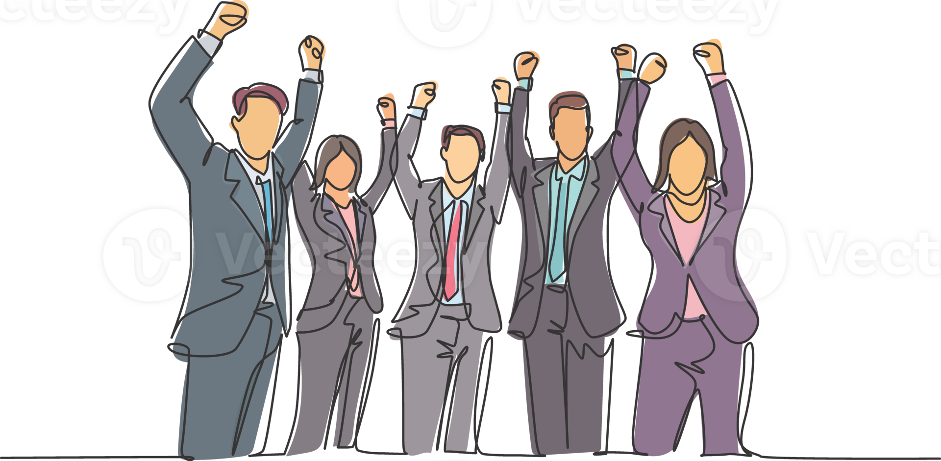 One single line drawing of group of young happy ceo and his colleagues celebrating their success achieving the company business target. Team work goal concept continuous line draw design illustration png