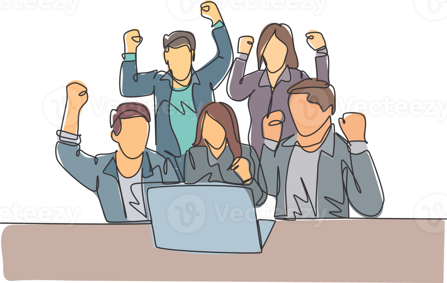 One continuous line drawing of young happy business man and business woman sitting in front of laptop and celebrating their success. Team work goal concept single line draw design illustration png