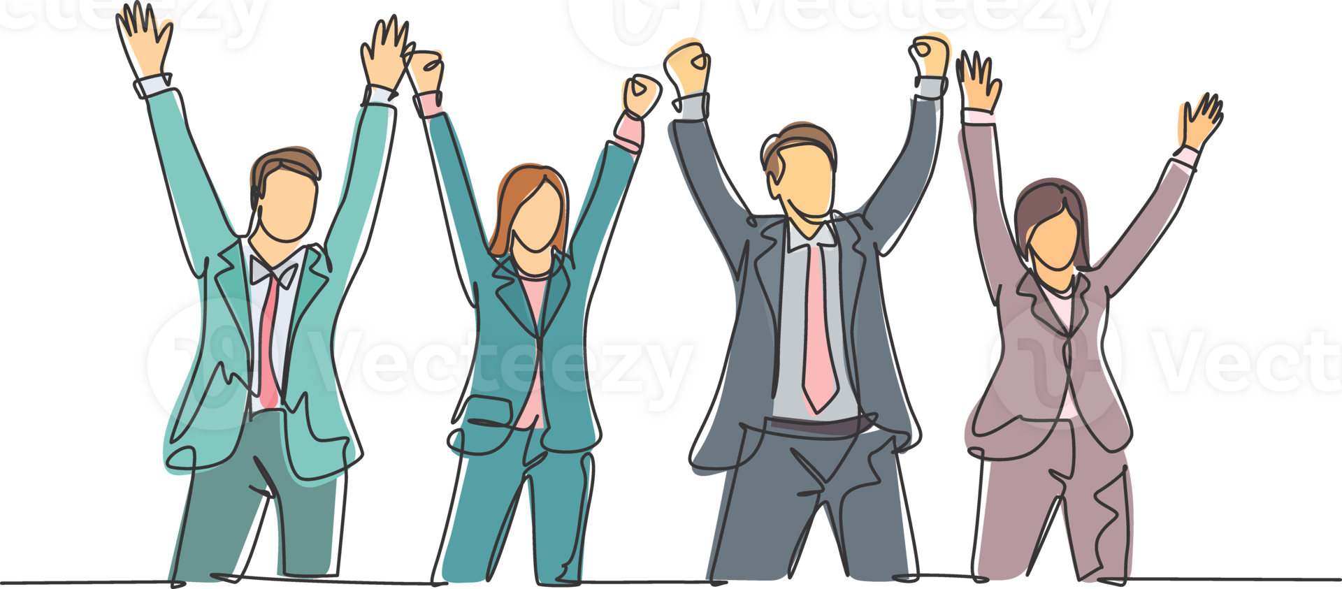 One single line drawing of group of male manager and female manager hold the hands each other to celebrate their success win the tender. Team work goal concept continuous line draw design illustration png