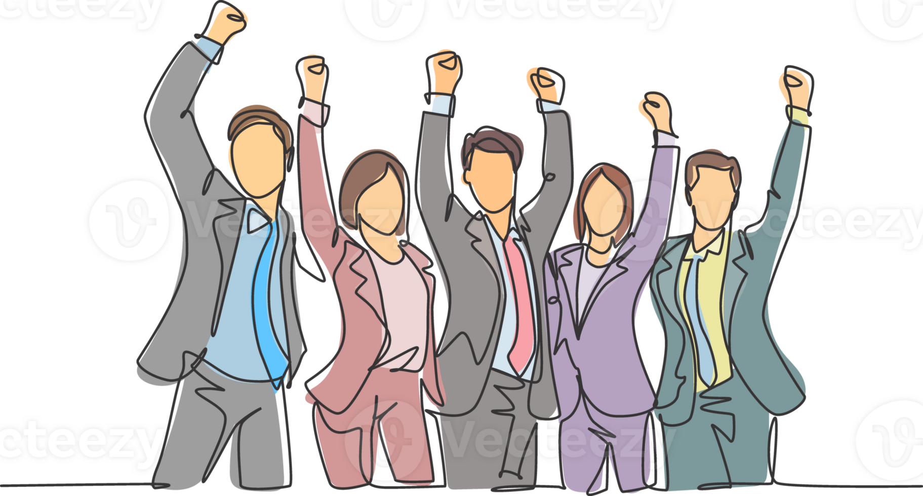 One single line drawing of group of male manager and female manager celebrating their success achieve the business target. Team work goal concept continuous line draw design illustration png