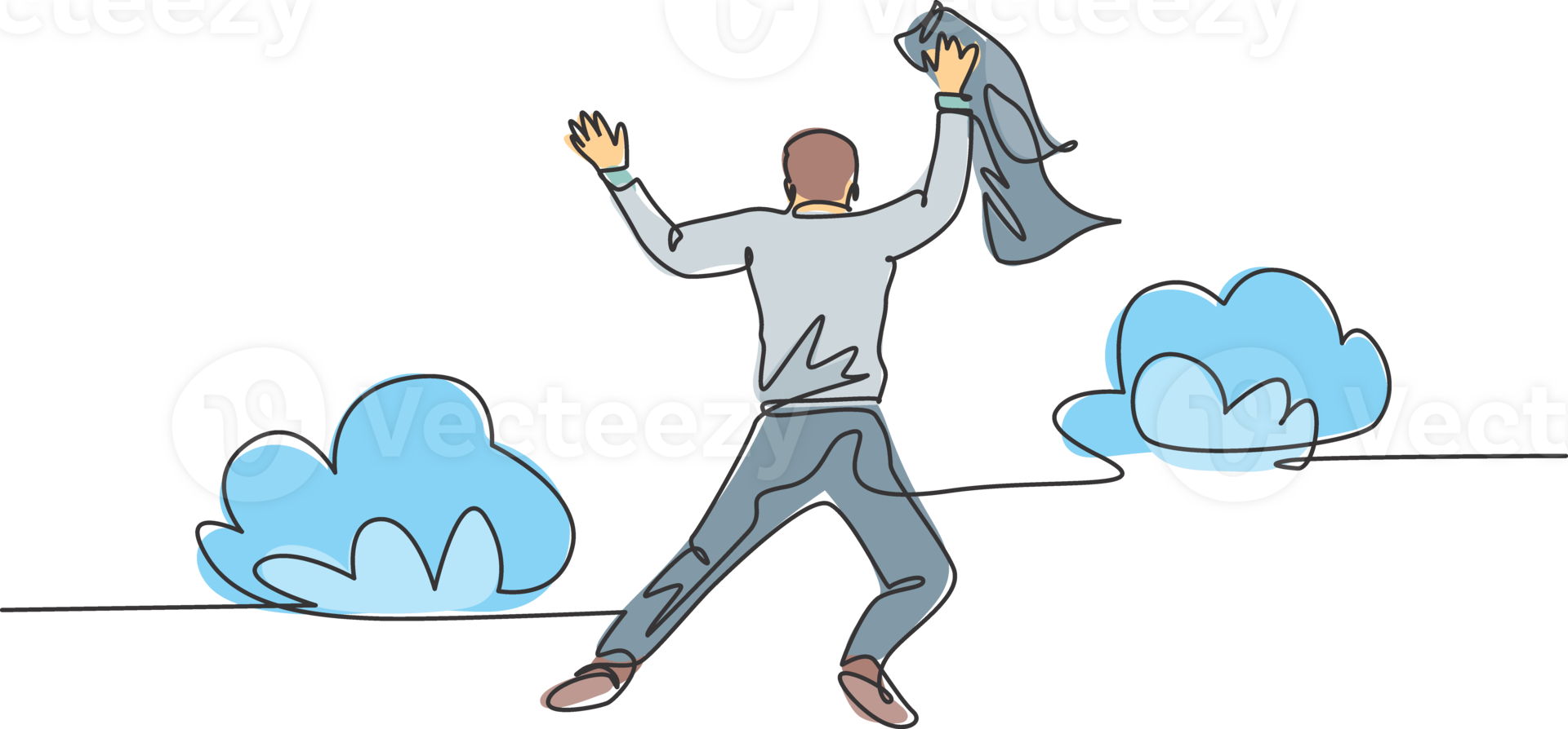 One line drawing of young happy and energetic business man stretch out his hands into the air and jumping over the cloud. Business celebration concept continuous line draw design illustration png