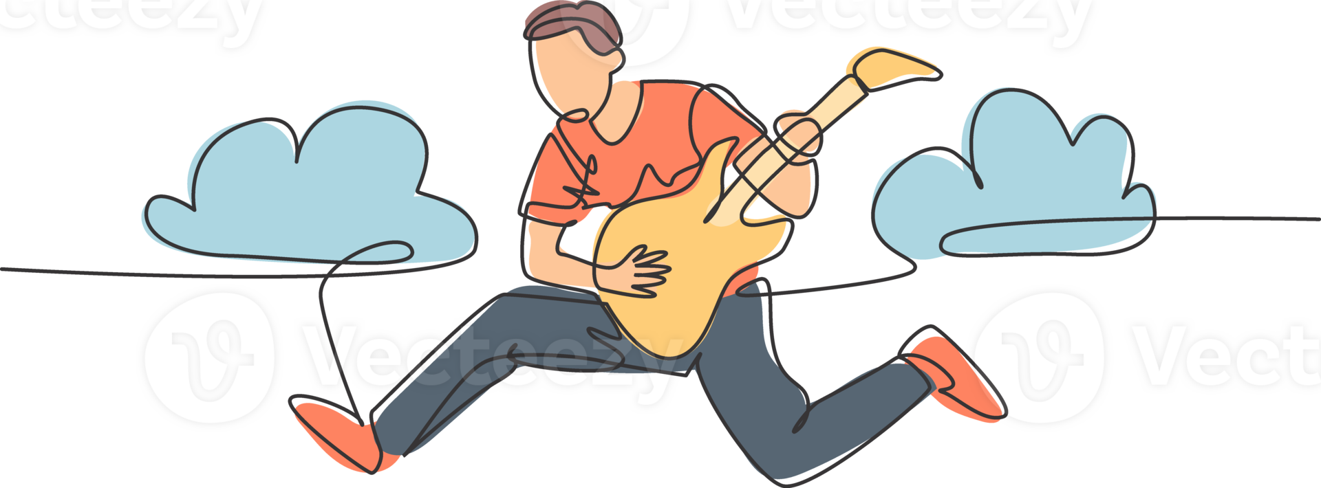 singolo linea disegno di giovane energico chitarrista salto a palcoscenico e giocando il suo elettrico chitarra. energico musicista artista prestazione concetto. continuo linea disegnare design illustrazione png