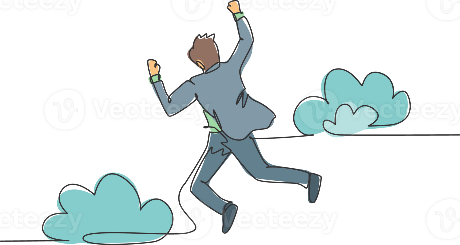 One line drawing of young happy and energetic business man punching a fist into the air and jumping over the cloud. Business success celebration concept continuous line draw design illustration png
