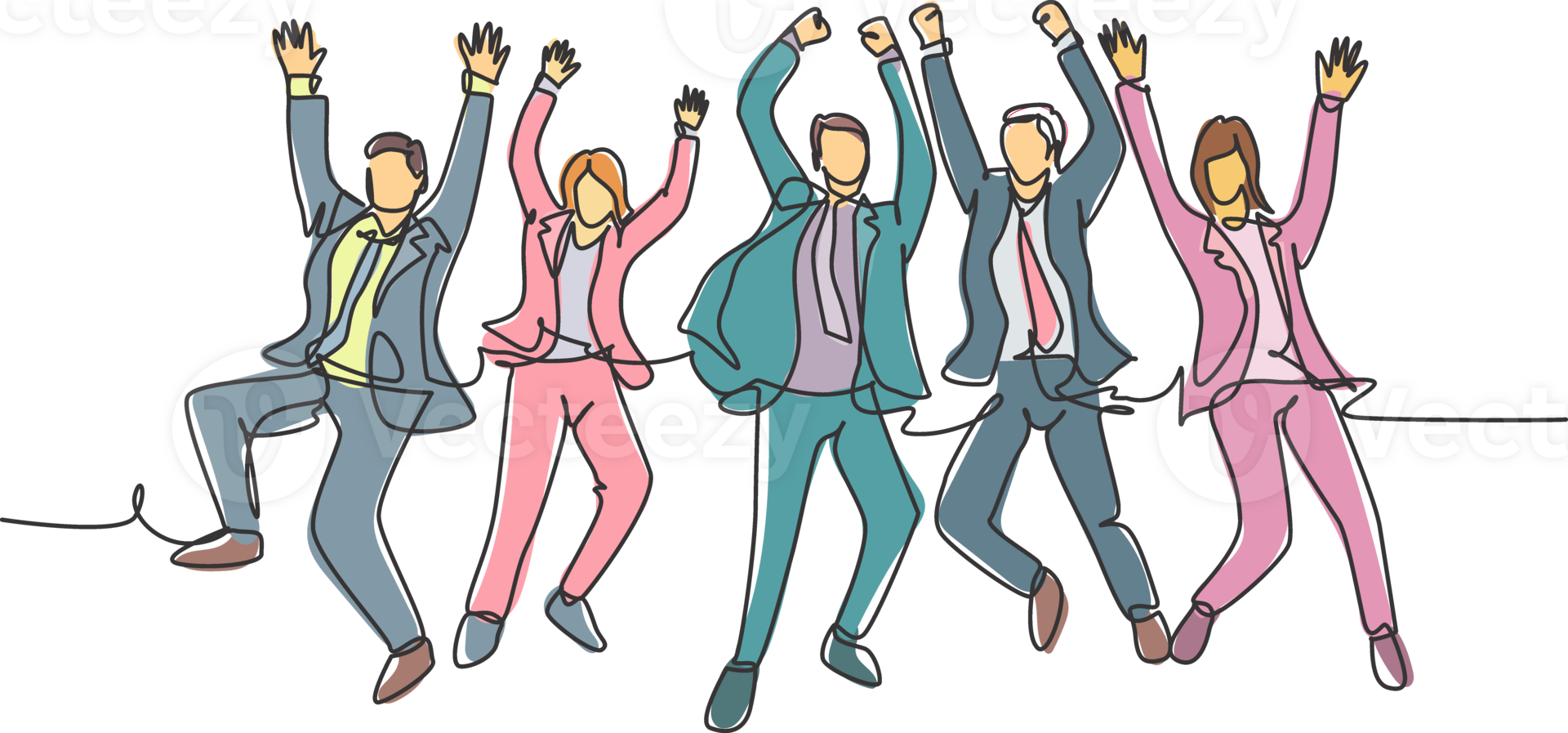 One line drawing of young happy business man and business woman jumping to celebrate their successive team business. Business deal concept continuous line draw graphic design illustration png