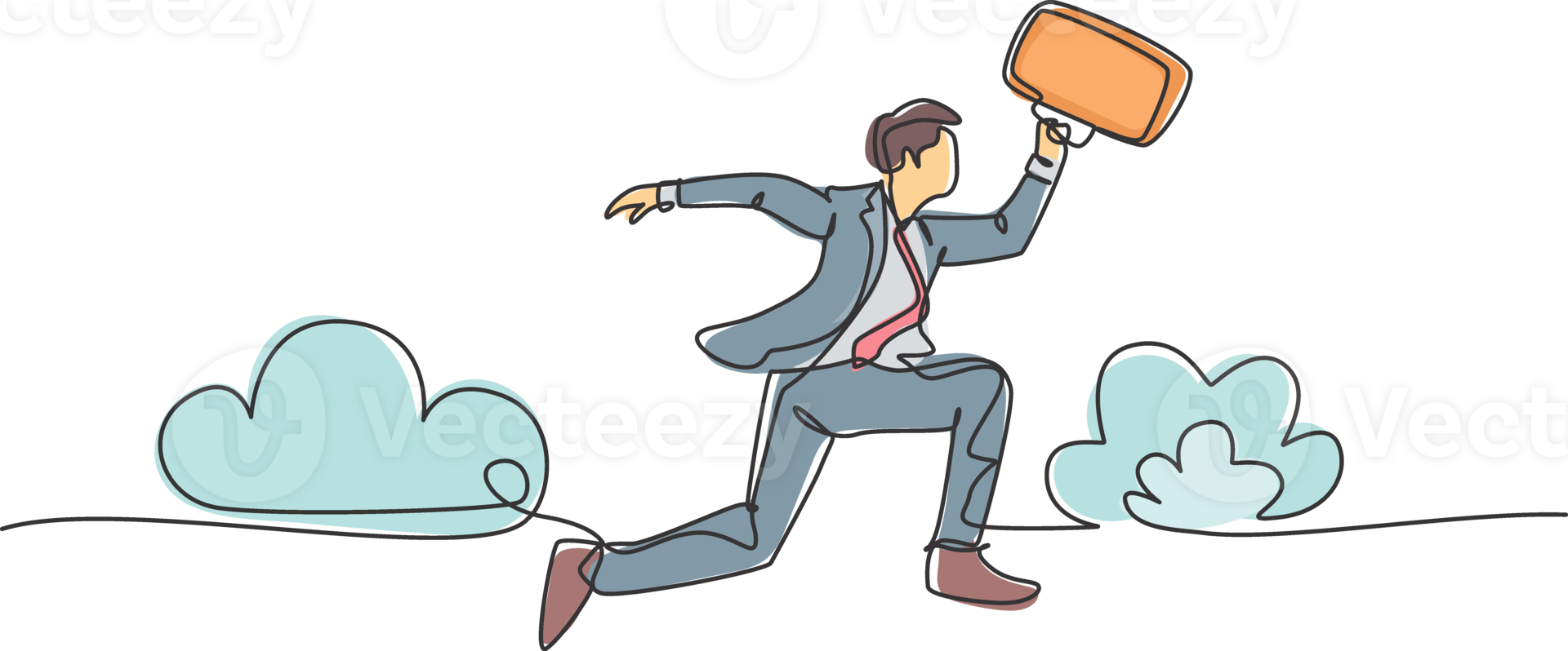 One line drawing of young happy and energetic business man carrying a briefcase jumping over the cloud. Business agility concept. Continuous line draw design illustration png