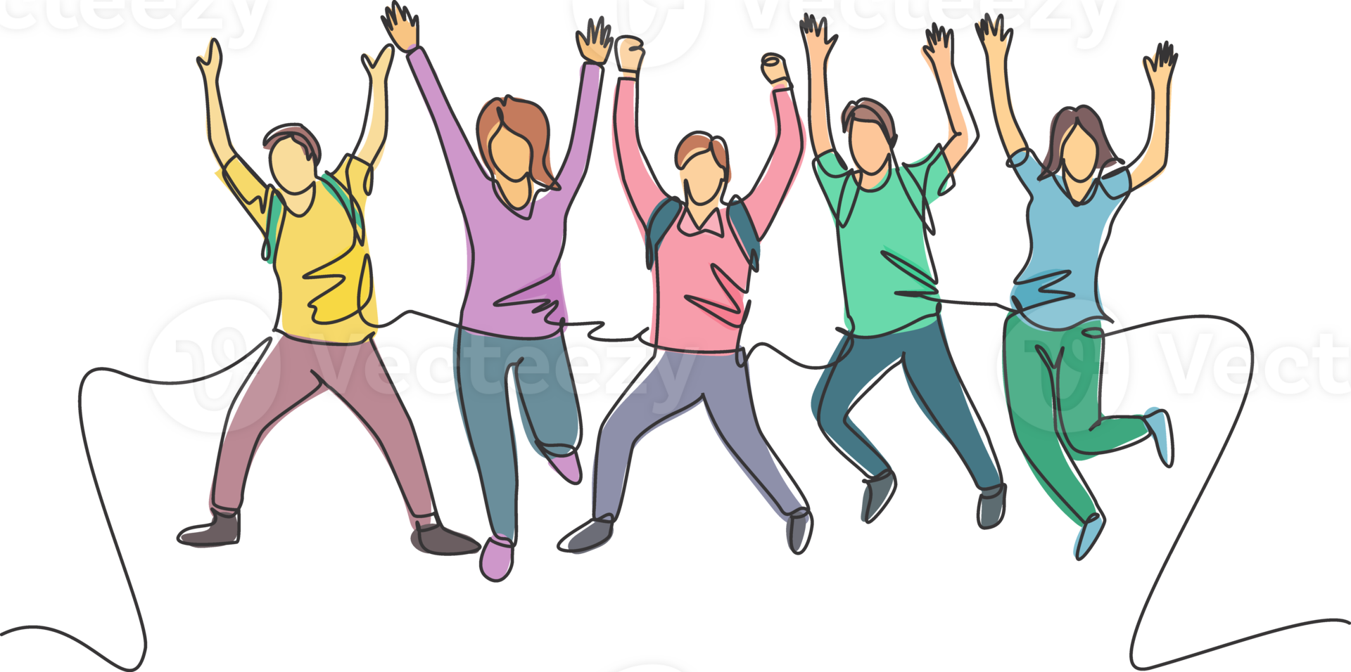 One line drawing group of young happy male and female college student