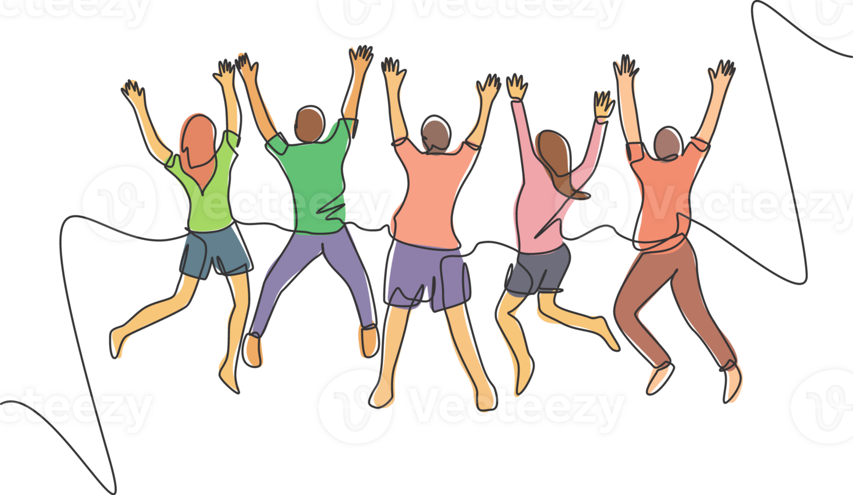One line drawing of back view group of young happy male and female jumping together to celebrate their vacation. Traveling journey concept. Continuous line draw design graphic illustration png