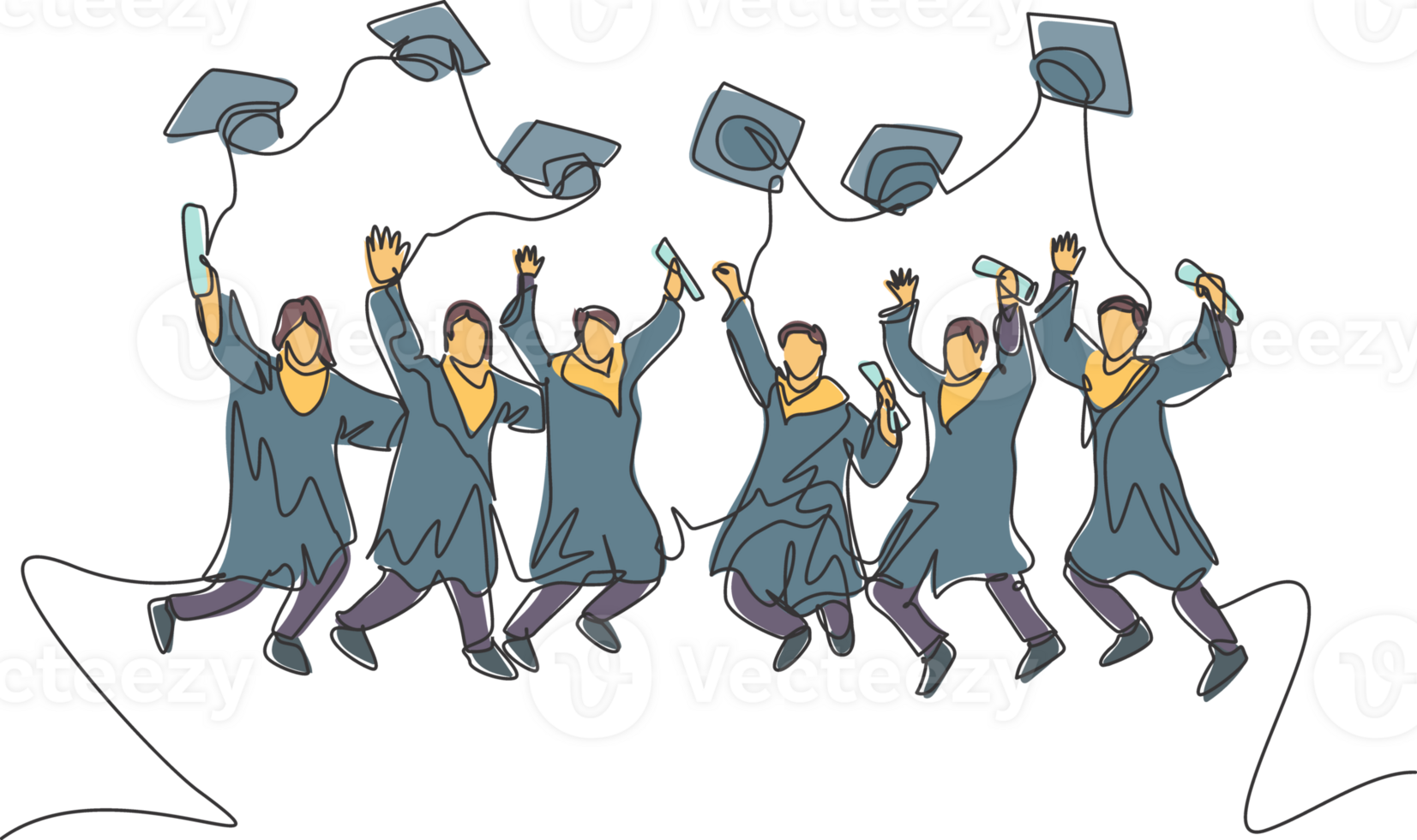 One line drawing group of young happy graduate male and female college student jumping wear gown and giving thumbs up gesture. Education concept continuous line draw graphic design illustration png
